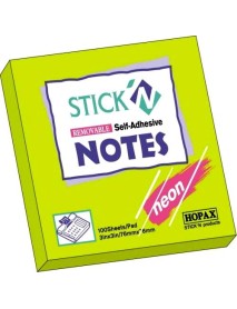 Notes autoadeziv 76 x 76 mm, 100 file, Stick"n, neon